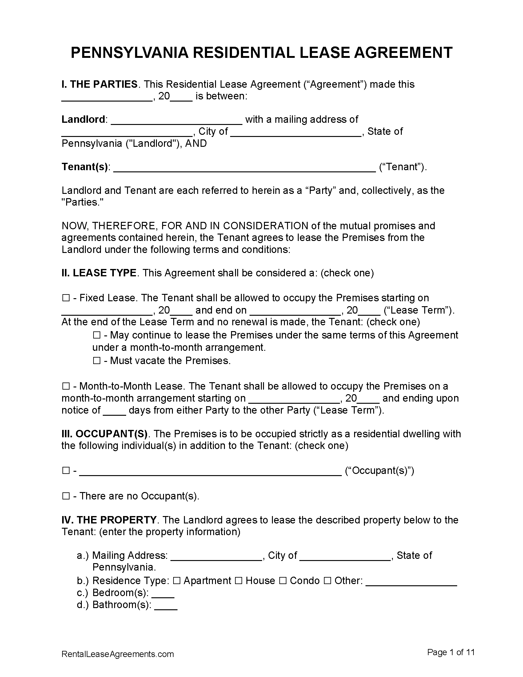 Free Pennsylvania Residential Lease Agreement PDF MS Word