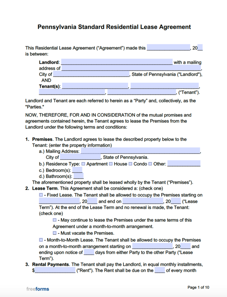 Residential FREE Printable Pa Lease Agreement