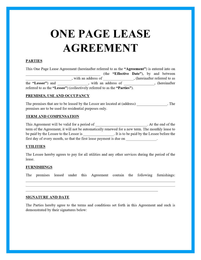Free Printable Simple One Page Lease Agreement PRINTABLE TEMPLATES