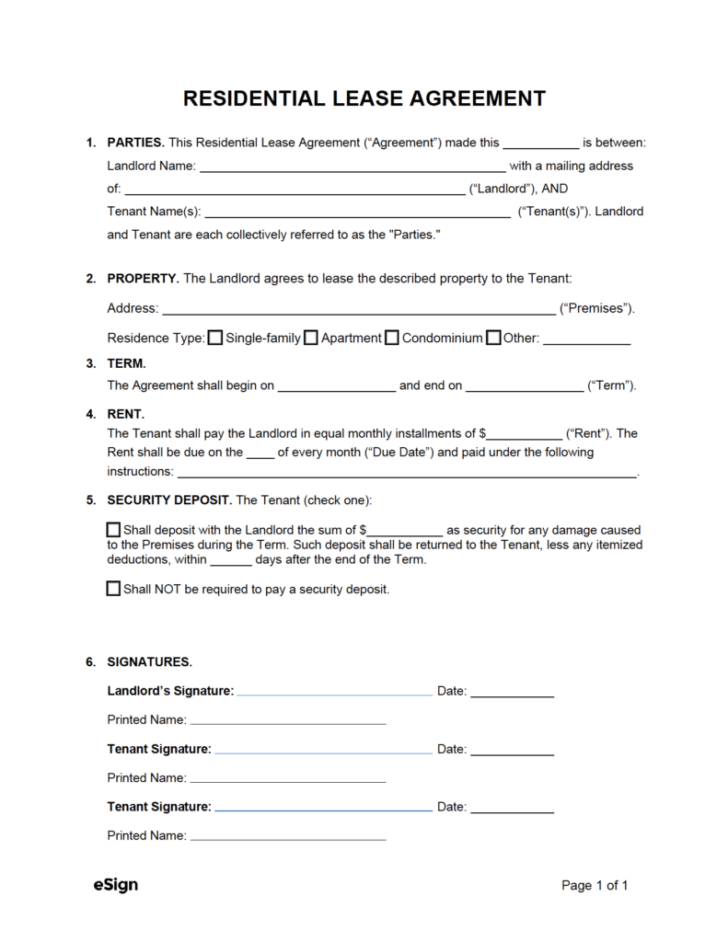 Simple One Page Lease Agreement Printable