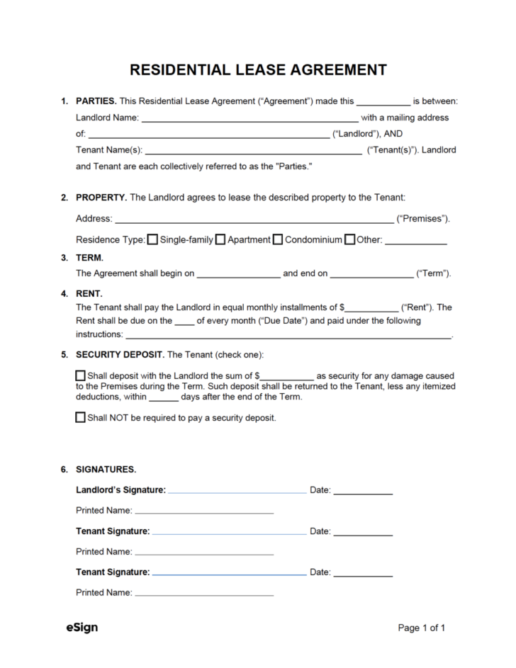 Printable Simple One Page Lease Agreement