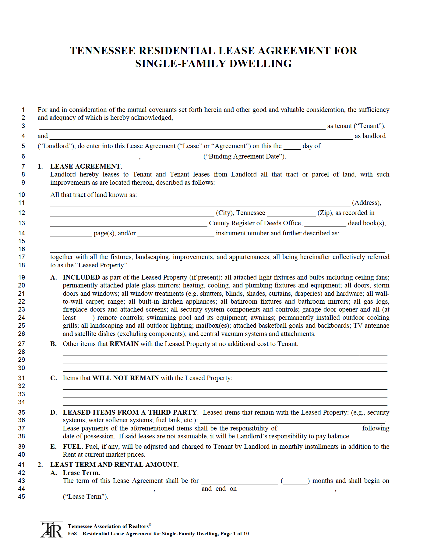 Free Tennessee Rental Lease Agreement Templates PDF