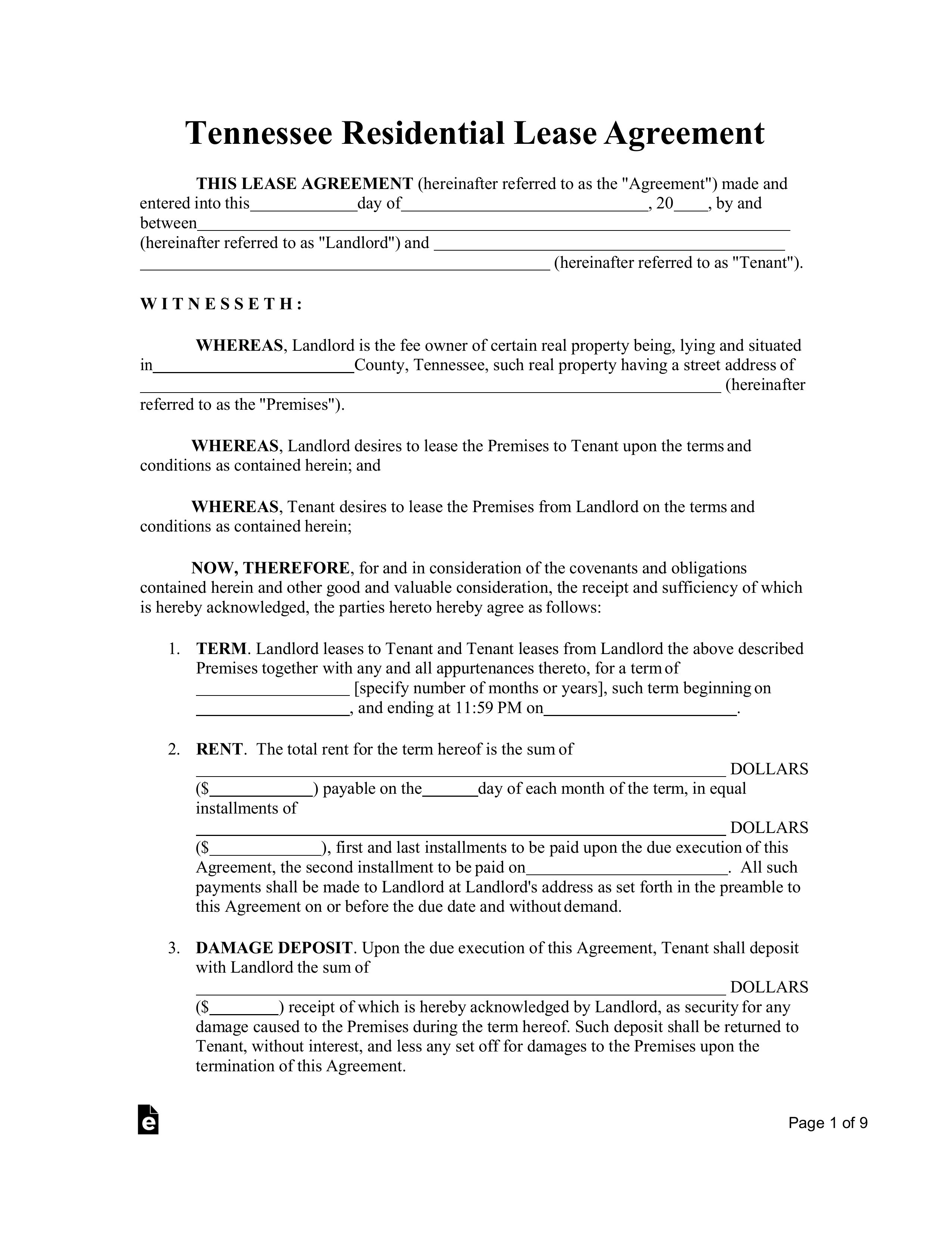 Free Tennessee Standard Residential Lease Agreement Template PDF 