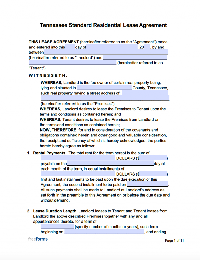 Free Tennessee Standard Residential Lease Agreement Template PDF WORD