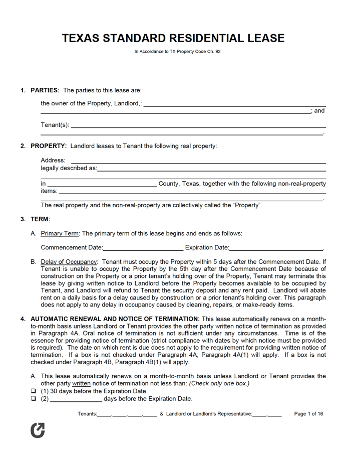 Printable Texas Lease Agreement PDF