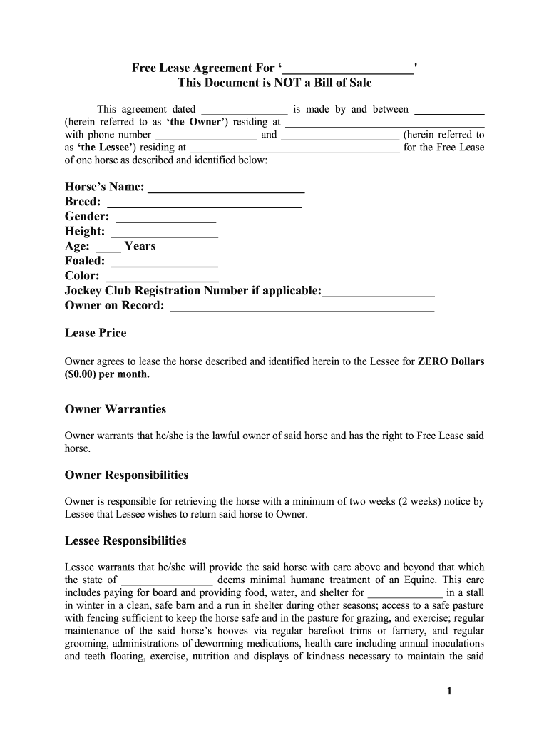 Horse Lease Agreement Word Document Form Fill Out And Sign Printable 