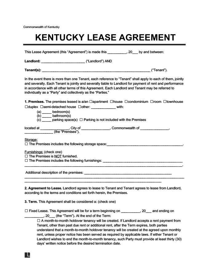 Kentucky Residential Lease Rental Agreement Forms Free PDF