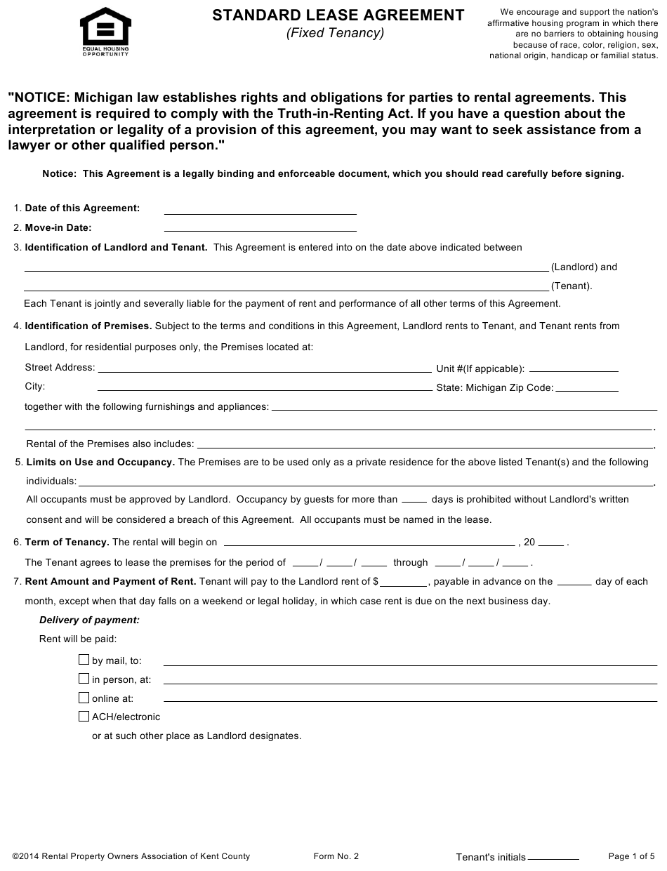 Michigan Standard Lease Agreement Form Rental Property Owners 