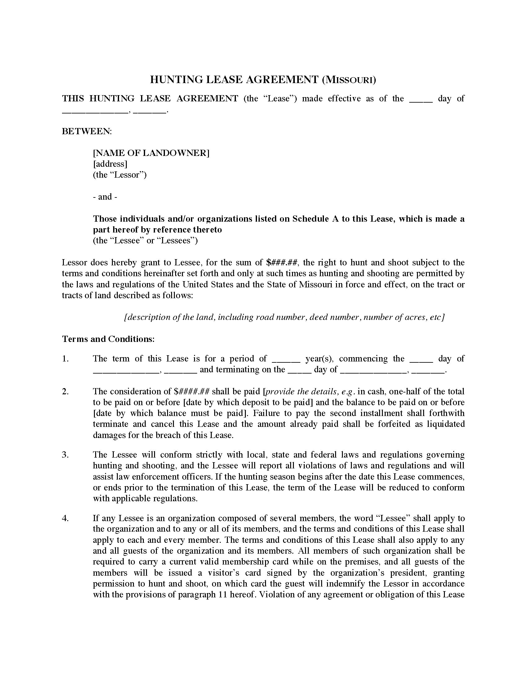 Missouri Hunting Lease Agreement Legal Forms And Business Templates 