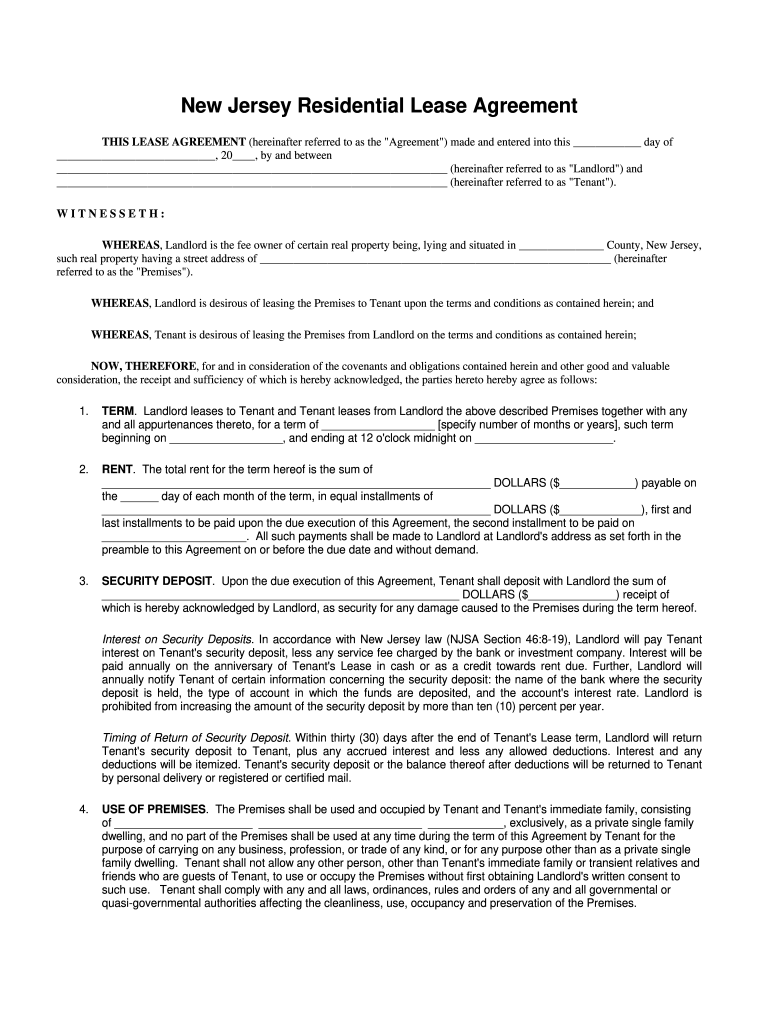 New Jersey Residential Lease Agreement Fill Online Printable 