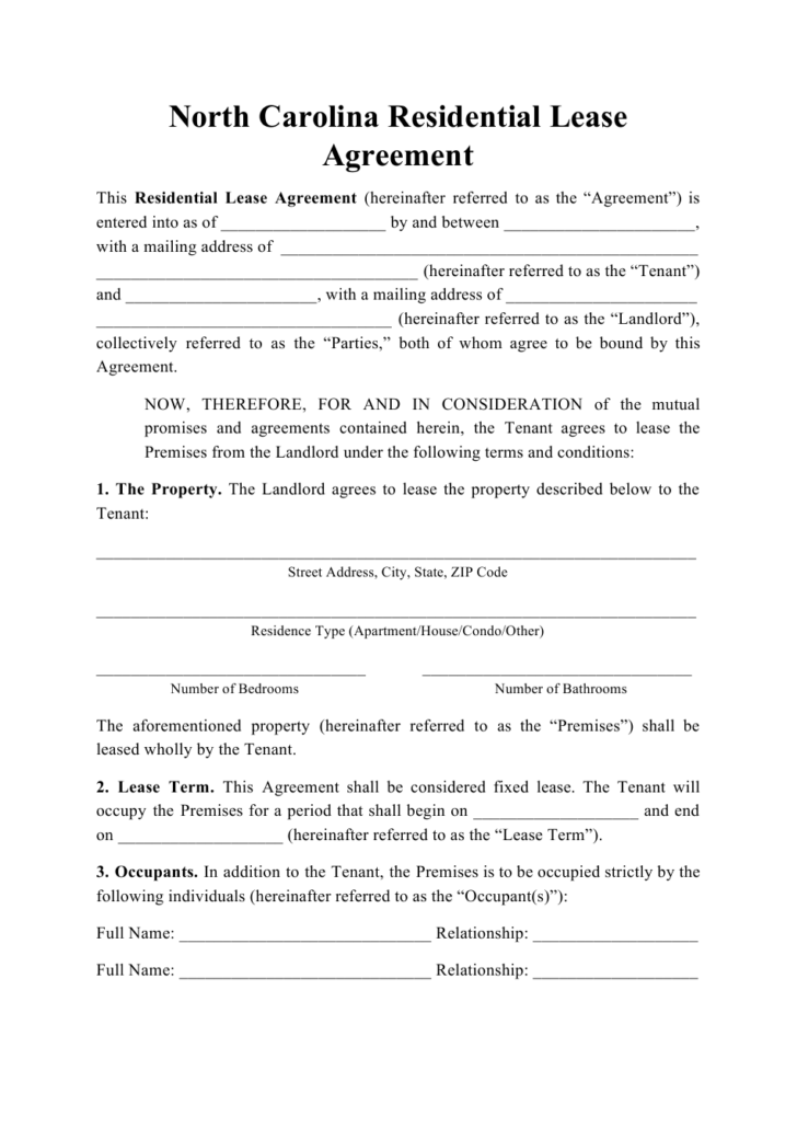 Printable North Carolina Residential Lease Agreement