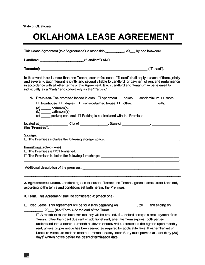 Oklahoma Residential Lease Rental Agreement Forms Free PDF
