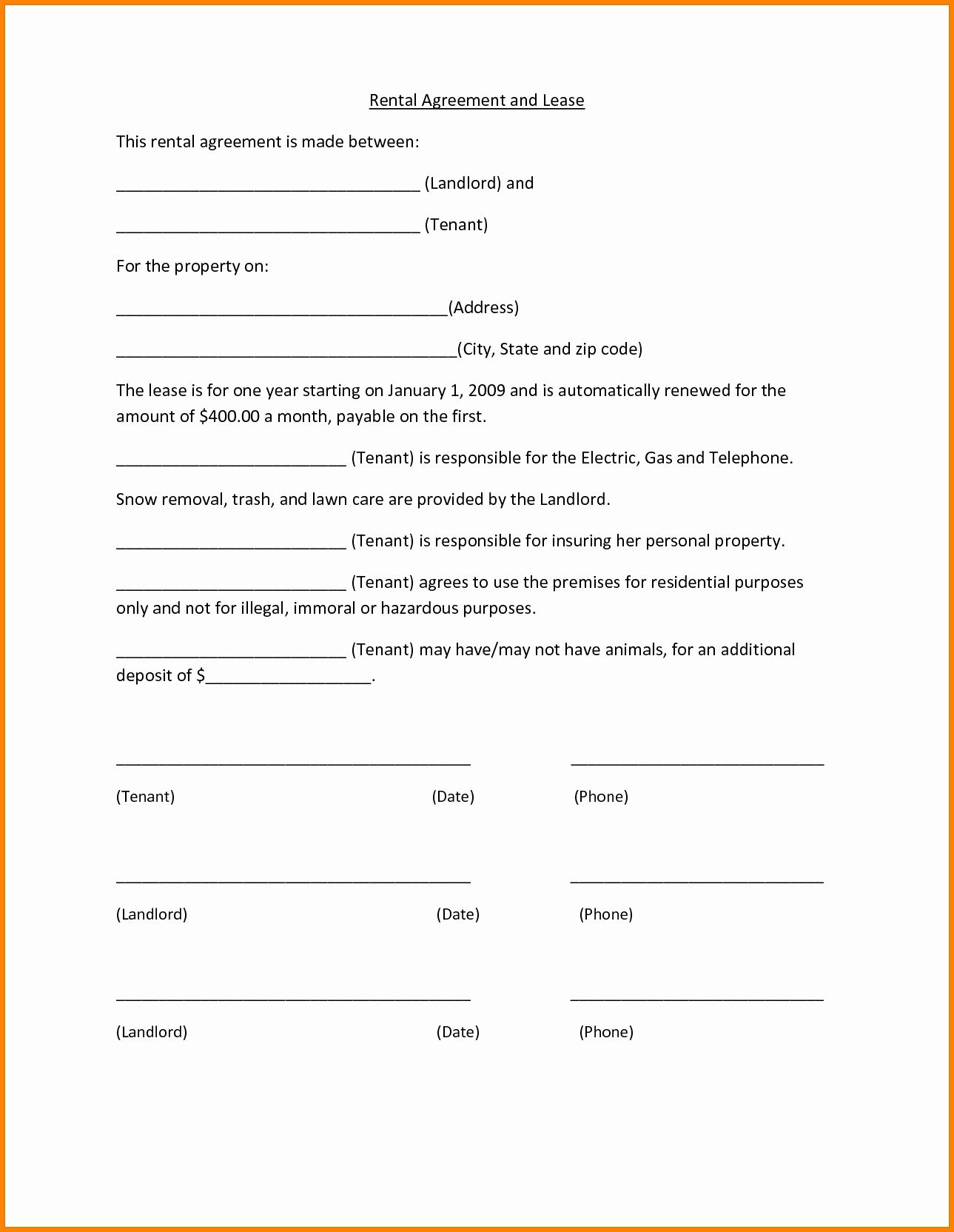 One Page Lease Agreement Unique 15 Basic Renters Agreement Rental 