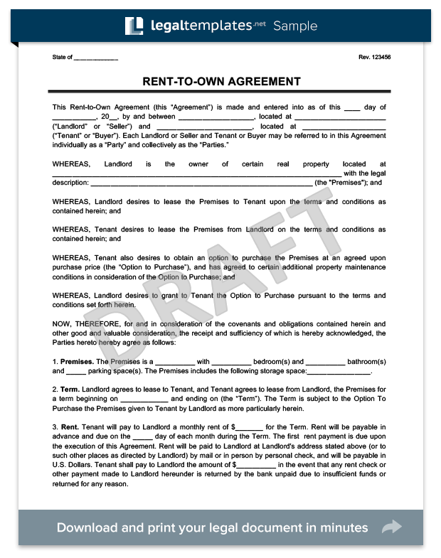 Rent to Own Agreement Create A Free Lease to Own Lease Agreement