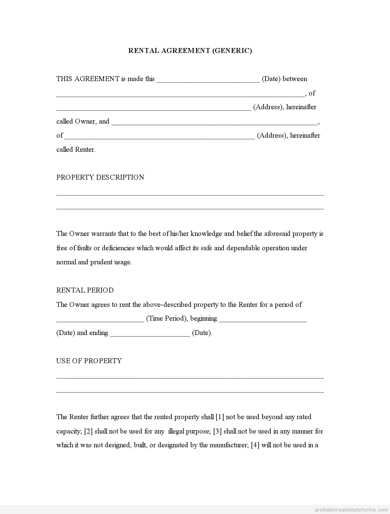 Rental Agreement Forms Free Printable GENERIC TEMPLATE 