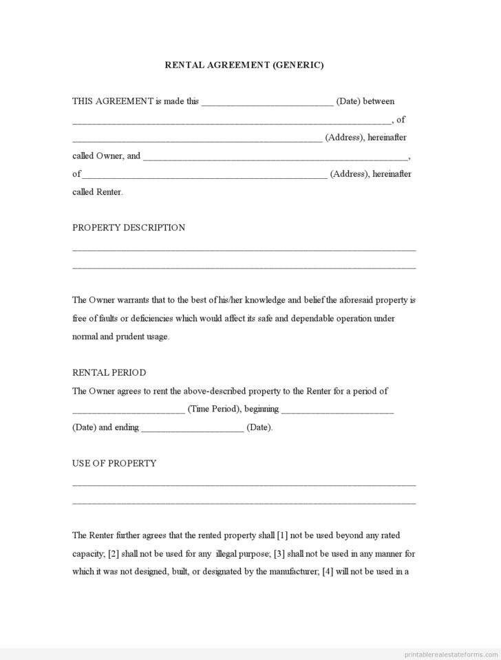 Printable Rental Lease Agreement Form