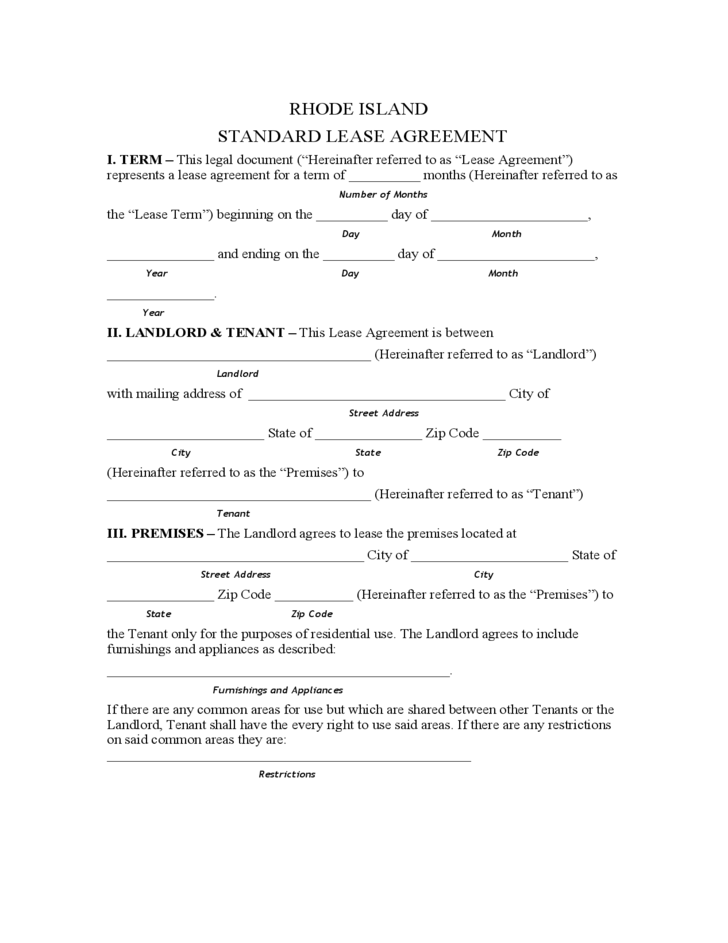 Rhode Island Standard Residential Lease Agreement Free Download