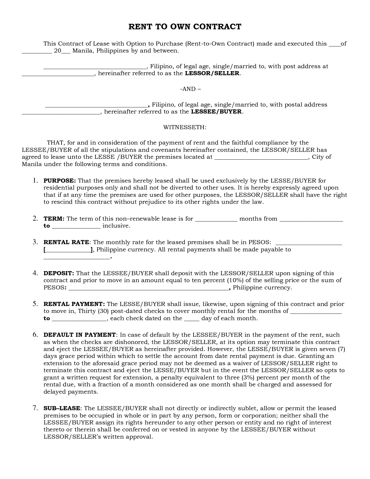 Sample Rent To Own Lease Agreement Free Printable Documents