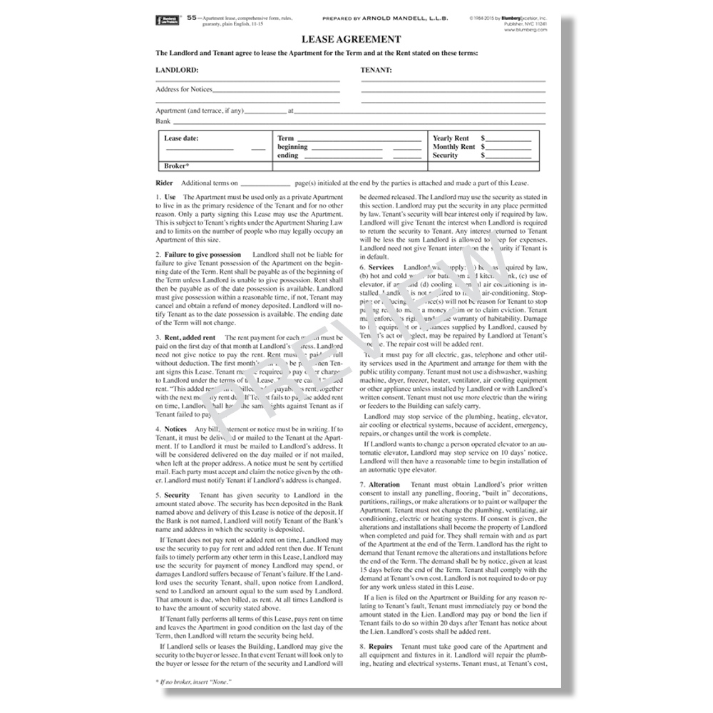 Single Sheet Blumberg New York Lease Form 186 For Apartments In 2 5 