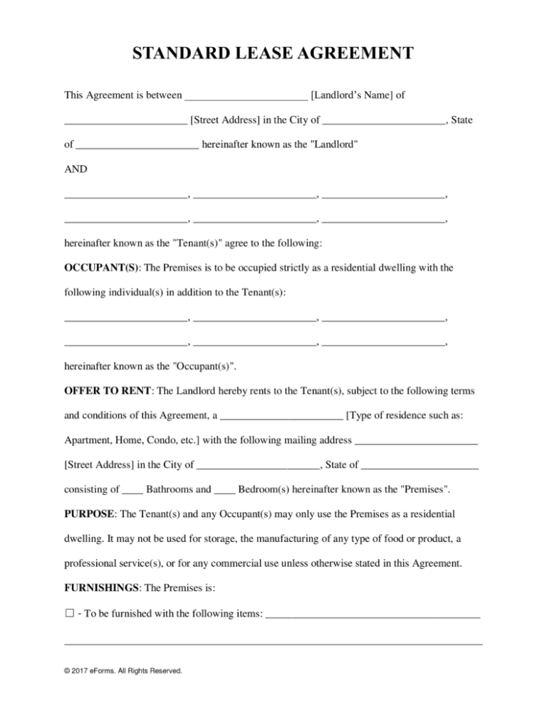 Standard Residential Lease Agreement Forms Pdf Doc Sample | Printable ...