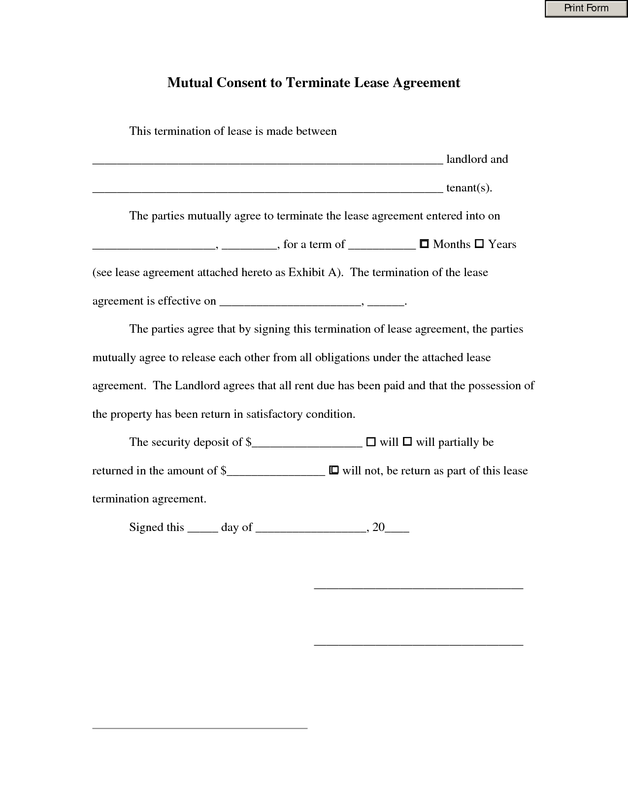 Termination Of Lease Agreement Form Free Printable Documents Rental 