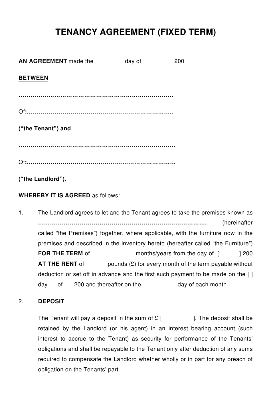United Kingdom Tenancy Agreement Template Fixed Term Download 