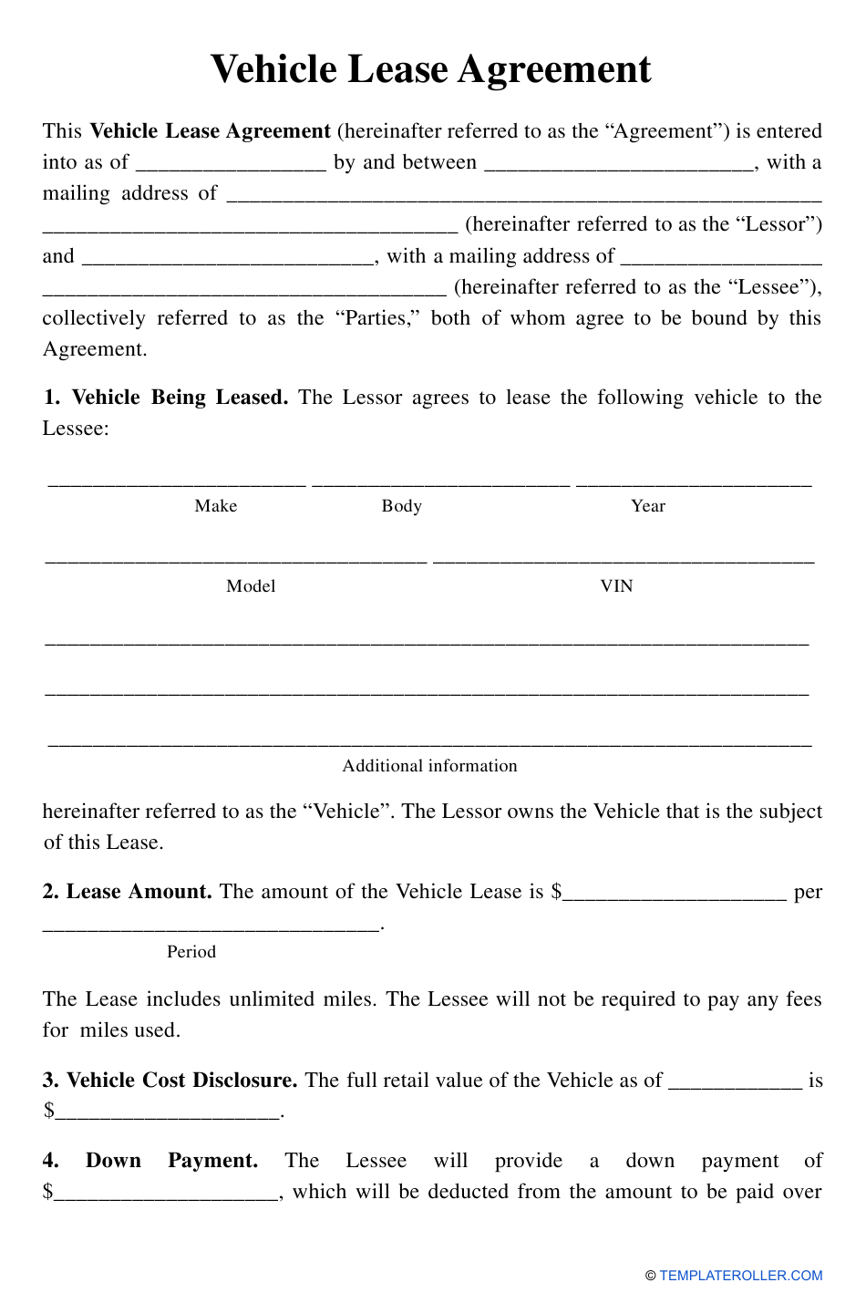 Vehicle Lease Agreement Template Download Printable PDF Templateroller