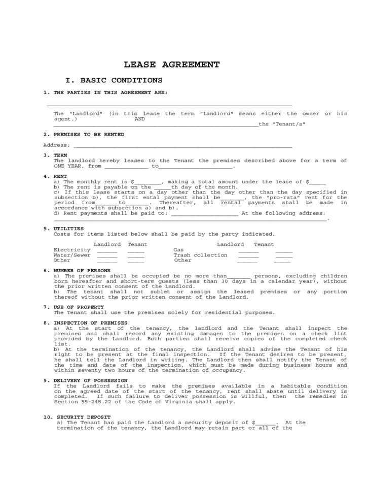 Virginia Residential Lease Agreement Form Free Download