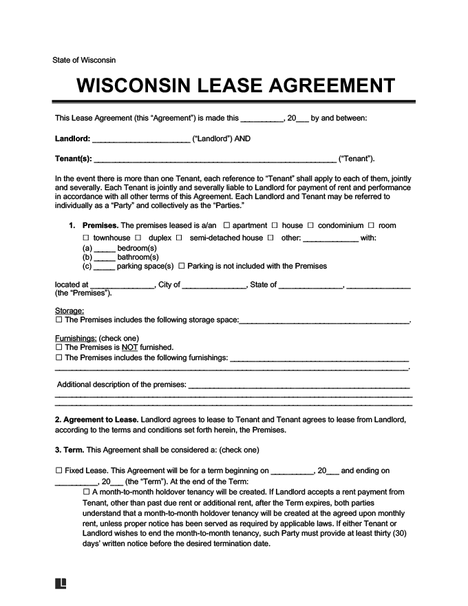 Wisconsin Residential Lease Rental Agreement Forms Docs Free PDF