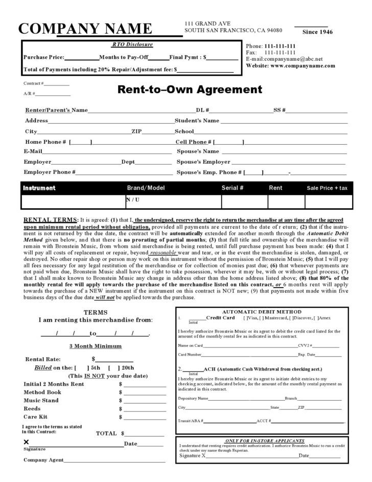 Printable Lease To Own Agreement