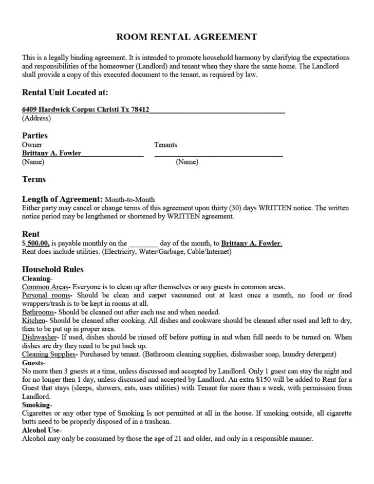 Printable Lease Agreement For Renting A Room