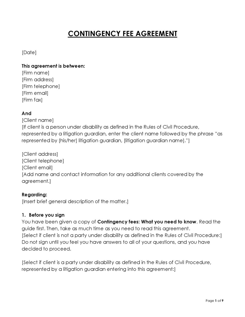 Contingency Fee Agreement: Overview And Free Forms pertaining to Contingency Agreement Template Sample
