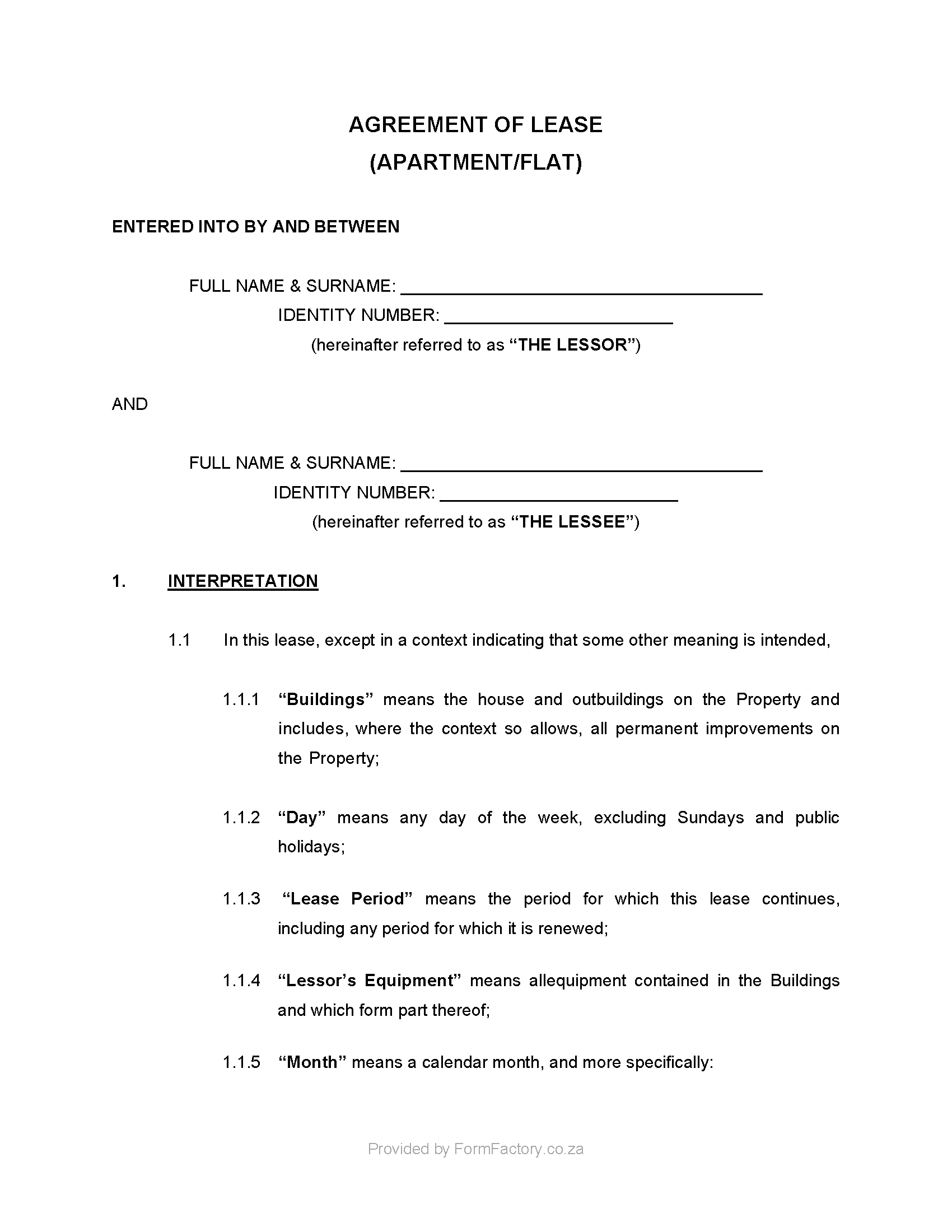 Download Residential Lease Agreement Template - Formfactory with Printable Lease Agreement Template South Africa