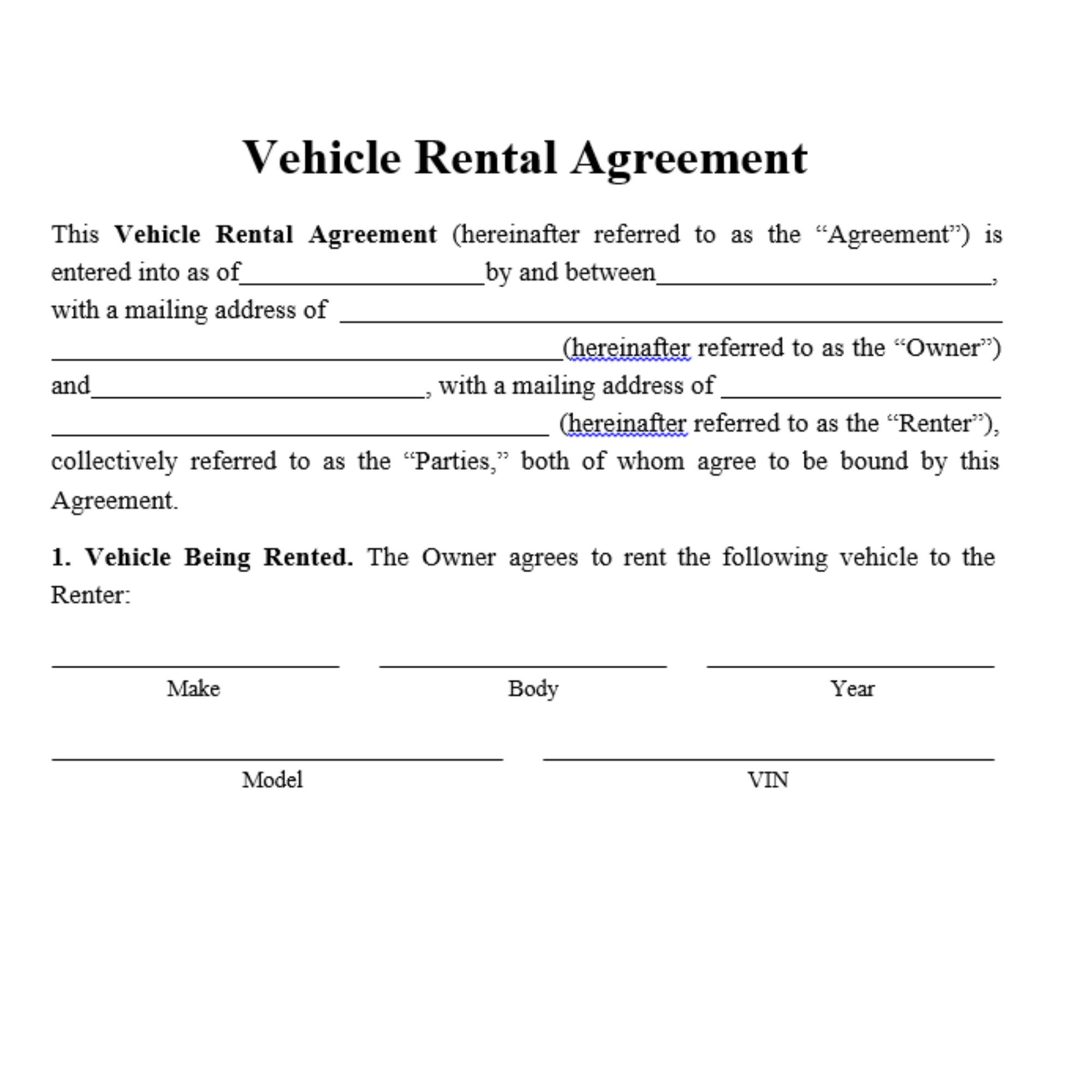 Editable Vehicle Rental Lease Agreement - Car Rental Agreement pertaining to Printable Vehicle Lease Agreement Form