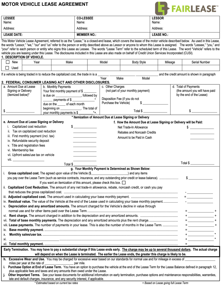 Fairlease Motor Vehicle Lease Agreement Form - Fill Online regarding Vehicle Lease Agreement Form Free Printable