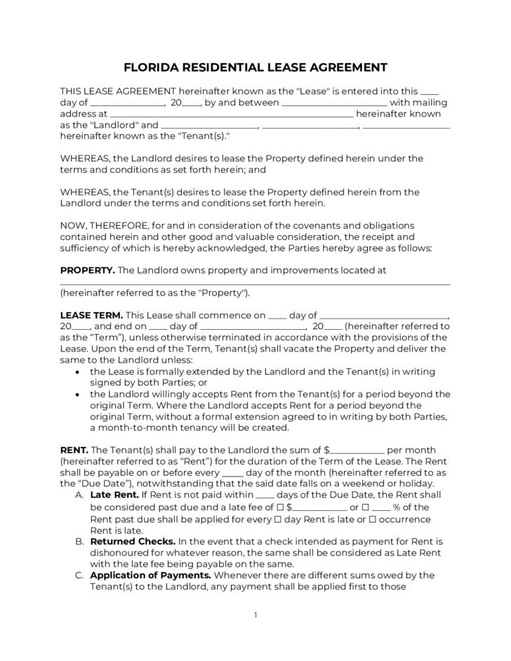 Free Printable Florida Lease Agreement Template