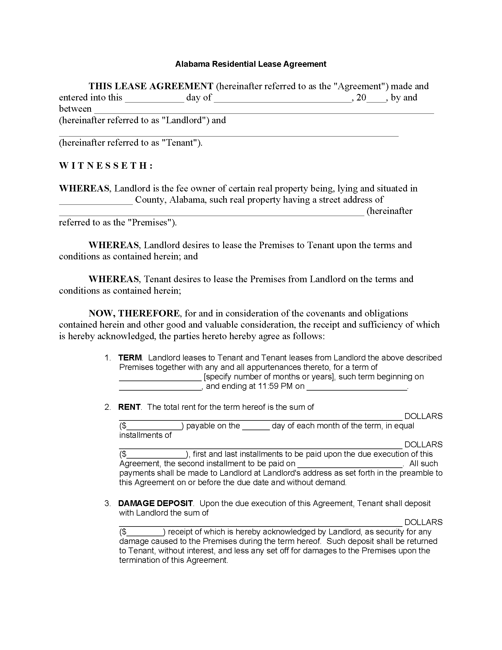 Free Alabama Residential Lease Agreement | Pdf intended for Free Printable Alabama Lease Agreement