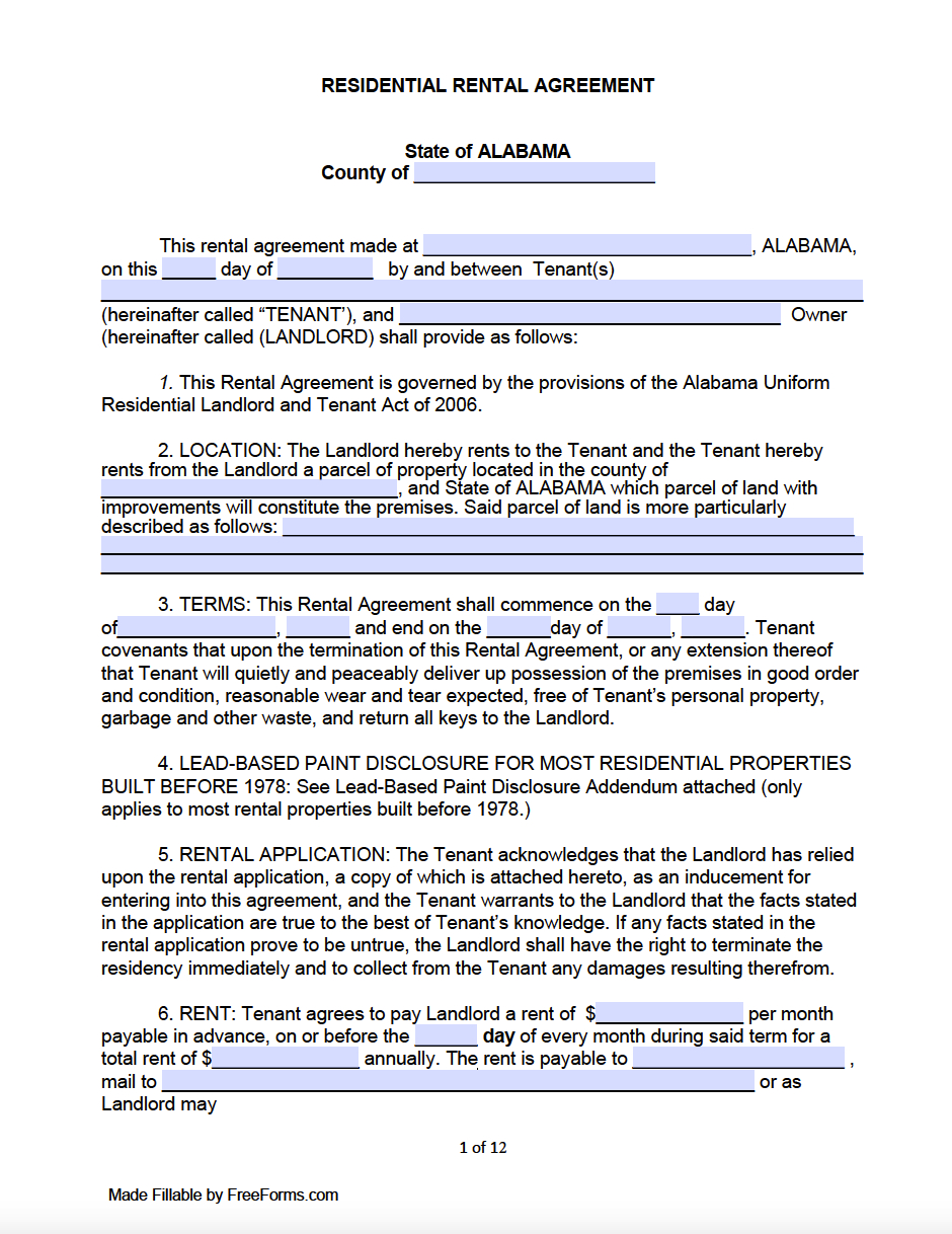 Free Alabama Standard Residential Lease Agreement Template | Pdf for Free Printable Alabama Lease Agreement