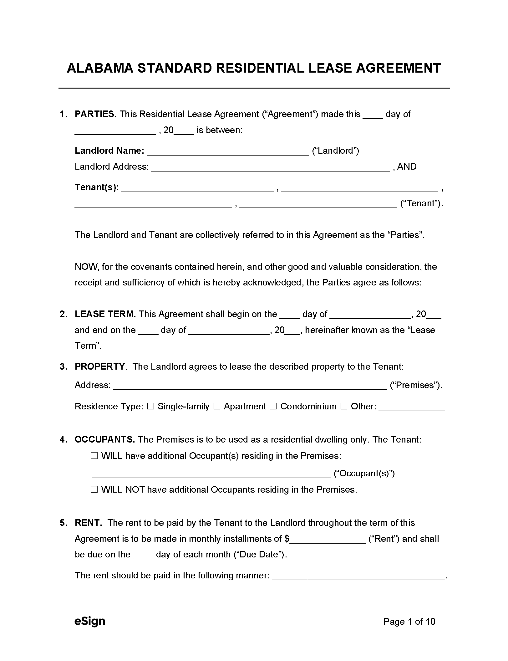 Free Alabama Standard Residential Lease Agreement Template | Pdf regarding Free Printable Alabama Lease Agreement