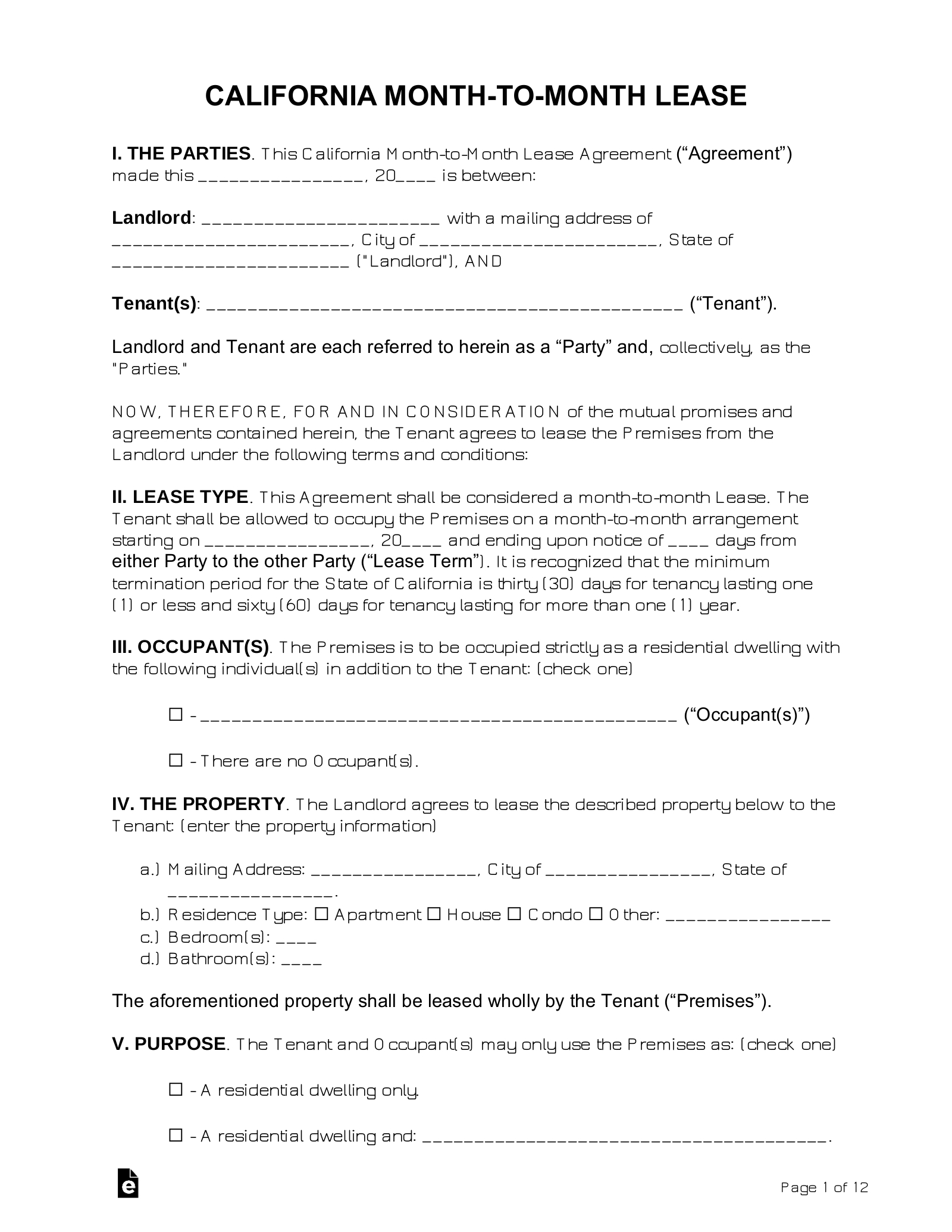Free California Month-To-Month Lease Agreement Template - Pdf with Printable Lease Agreementfiller