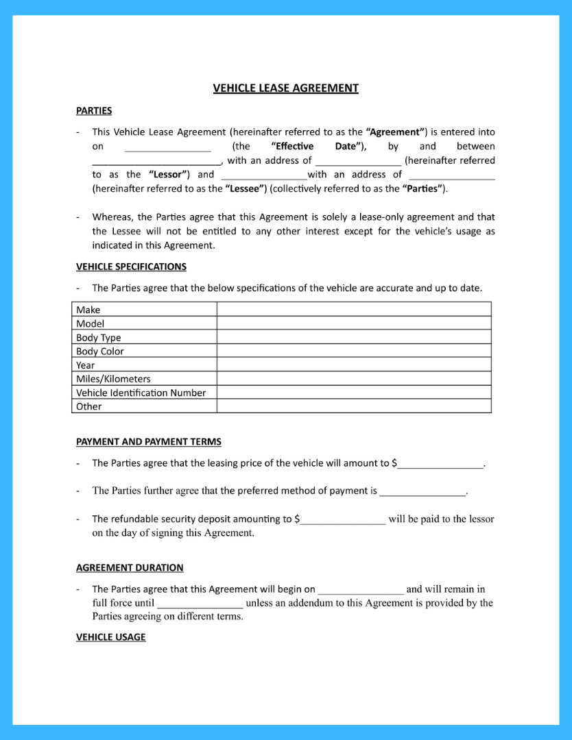Free Car Lease Agreement Template To Win More Clients intended for Generic Vehicle Lease Agreement Printable