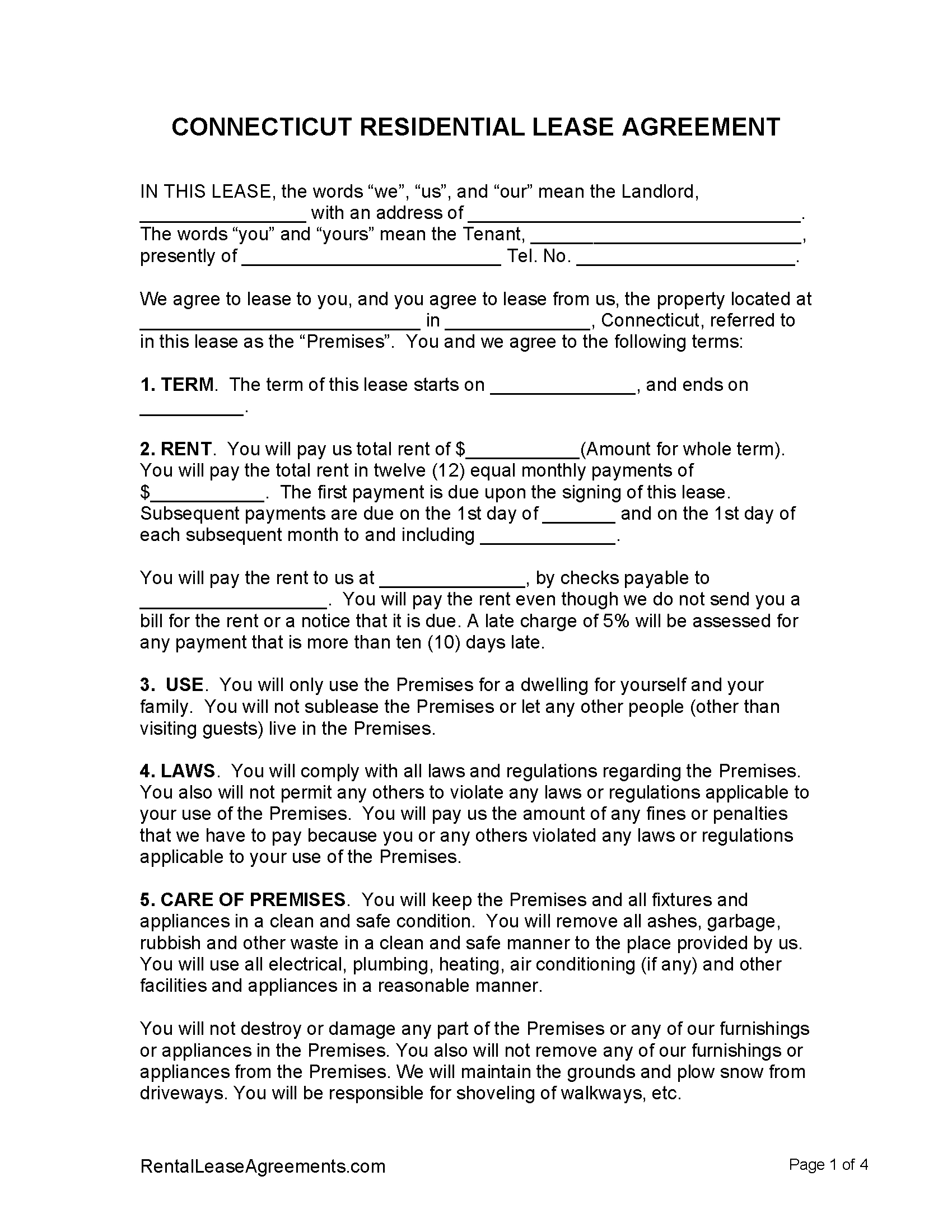Free Connecticut Residential Lease Agreement | Pdf in Printable Lease Agreement Ct