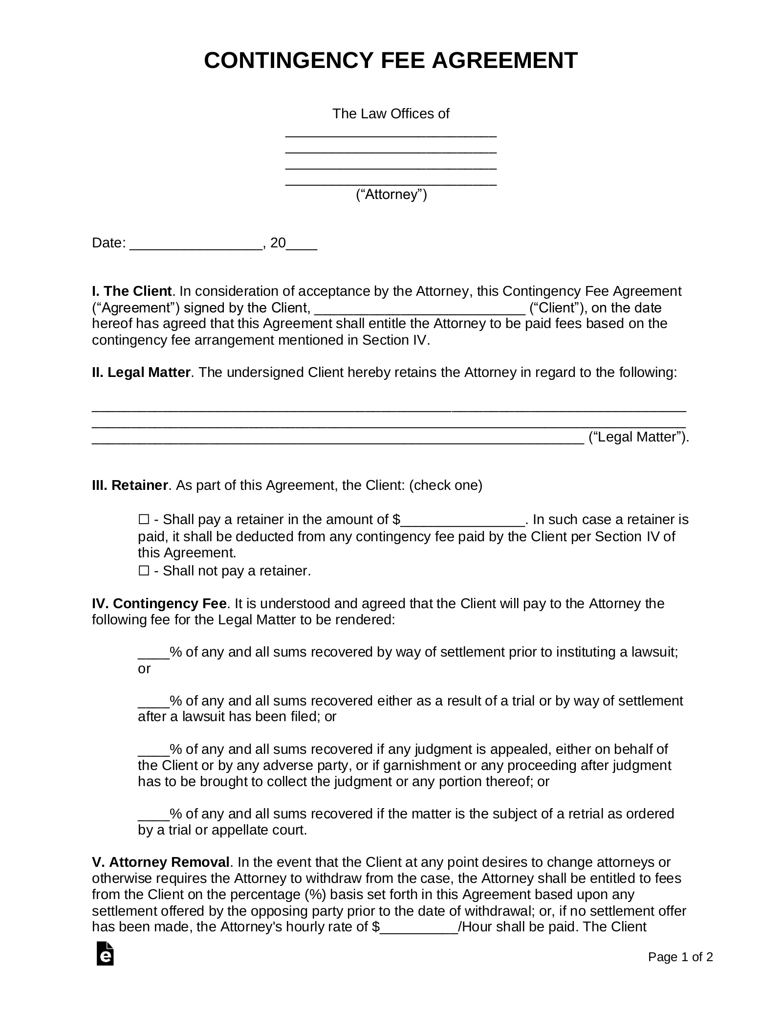Free Contingency Fee Agreement Template - Sample - Pdf | Word – Eforms intended for Contingency Agreement Template Sample