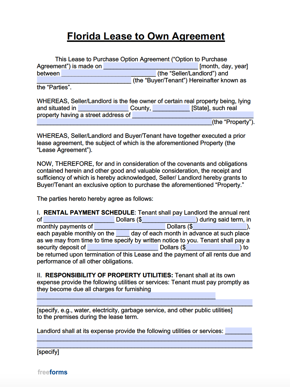 Free Florida Lease To Own Agreement Form | Pdf | Word in Printable Lease To Own Agreement