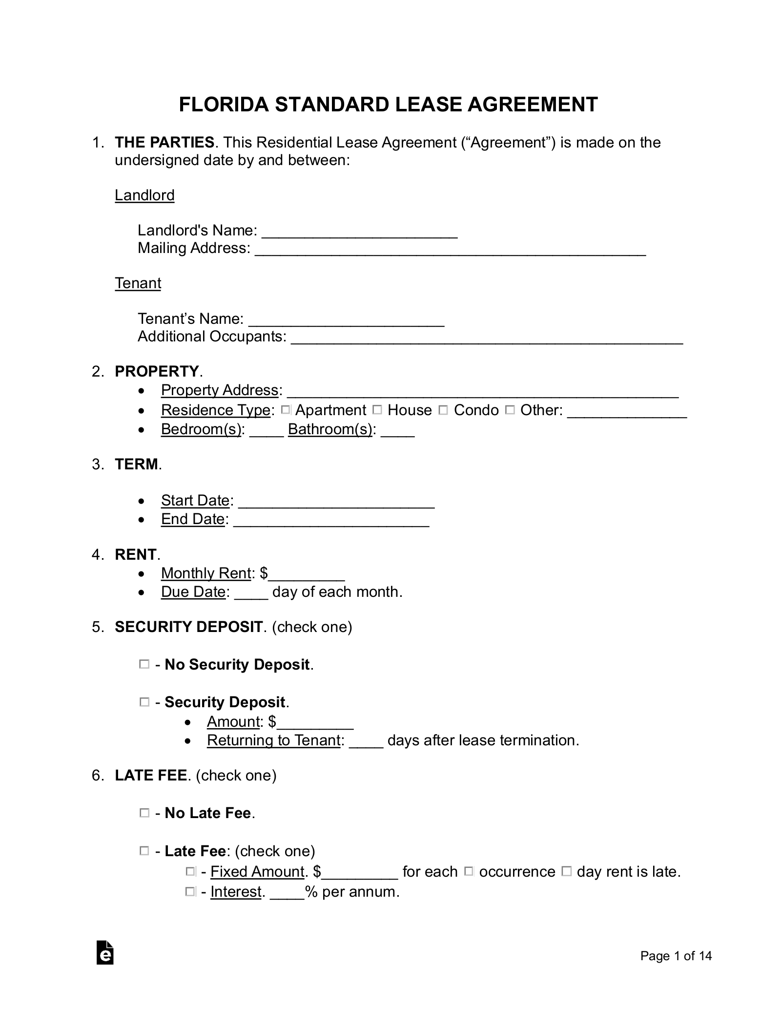 Free Florida Standard Residential Lease Agreement - Pdf | Word in Printable Florida Lease Agreement