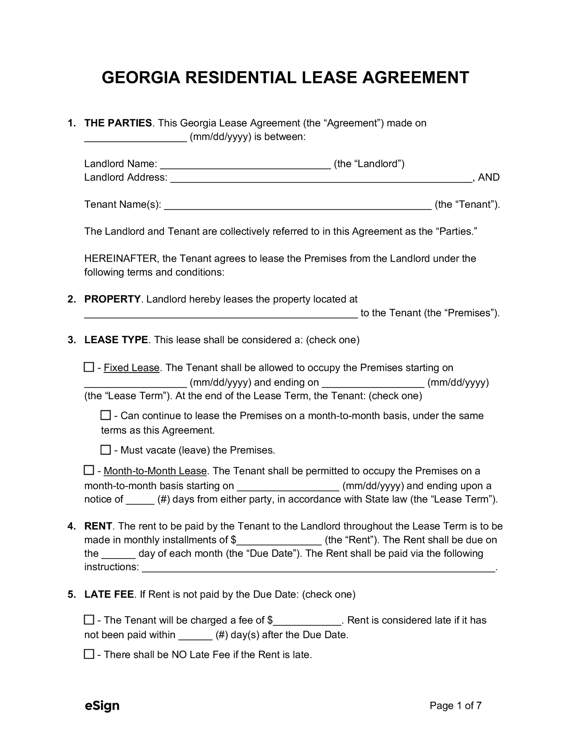 Free Georgia Rental Lease Agreement Templates (6) | Pdf with Printable Lease Agreement Georgia Residential