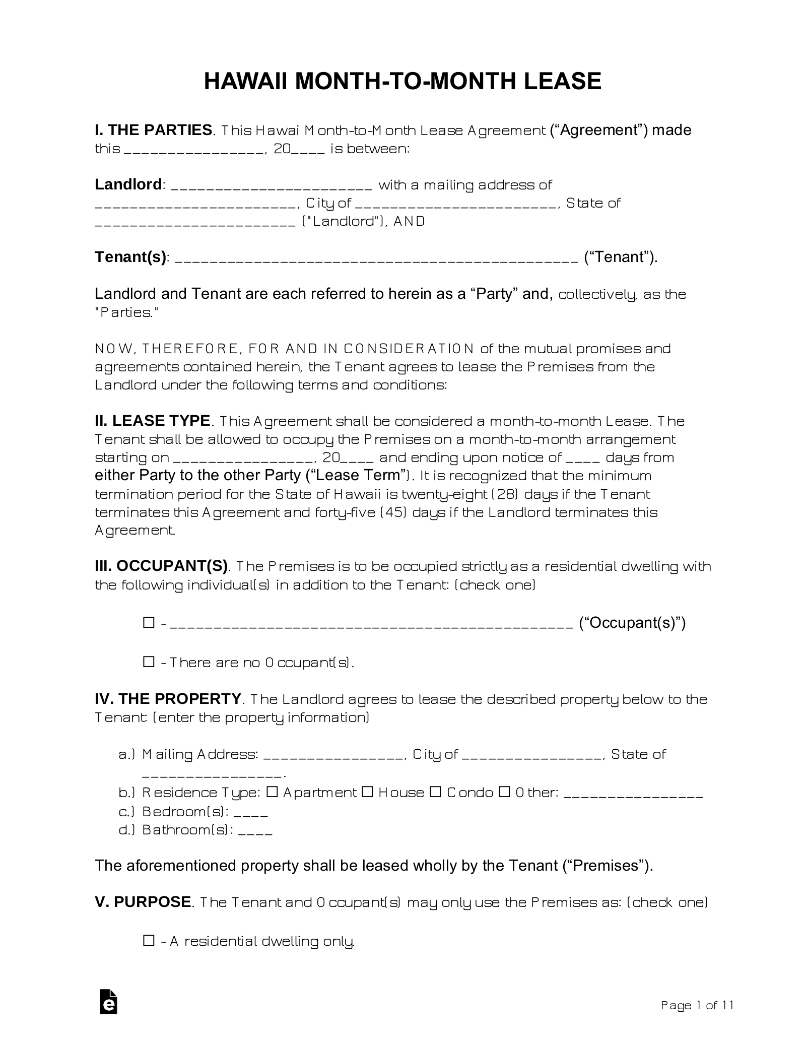 Free Hawaii Month-To-Month Lease Agreement Template - Pdf | Word for Printable Month-To-Month Lease Agreement