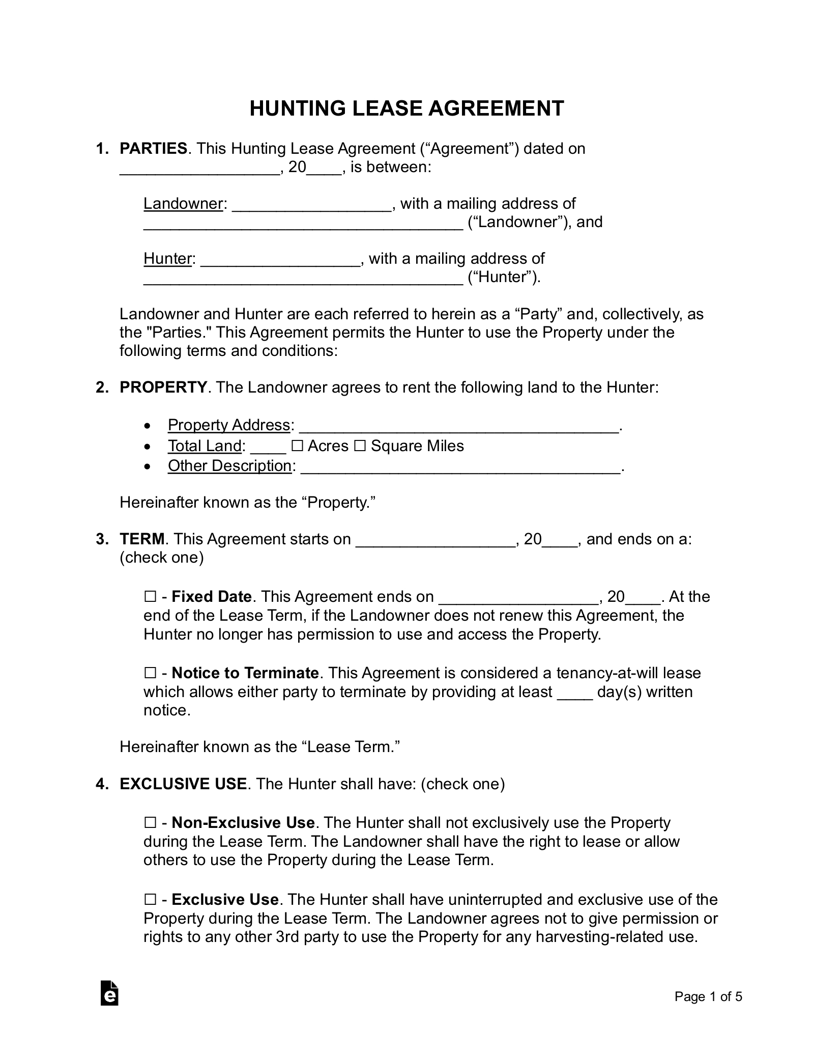 Free Hunting Lease Agreement - Pdf | Word – Eforms pertaining to Free Printable Hunting Lease Agreement Template