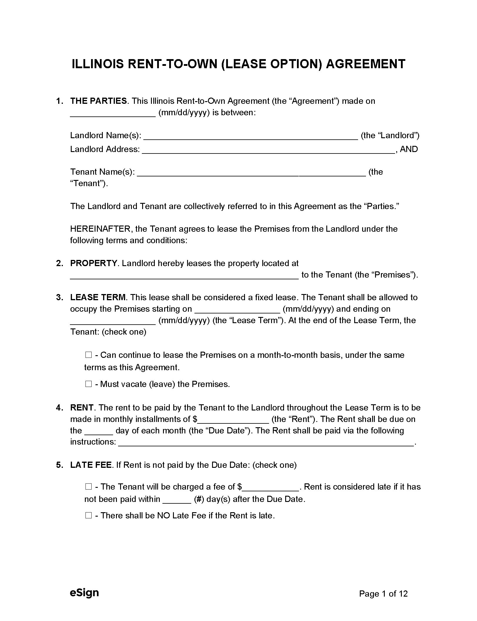 Free Illinois Rent-To-Own (Lease Option) Agreement | Pdf intended for Printable Rental Lease Agreement Illinois
