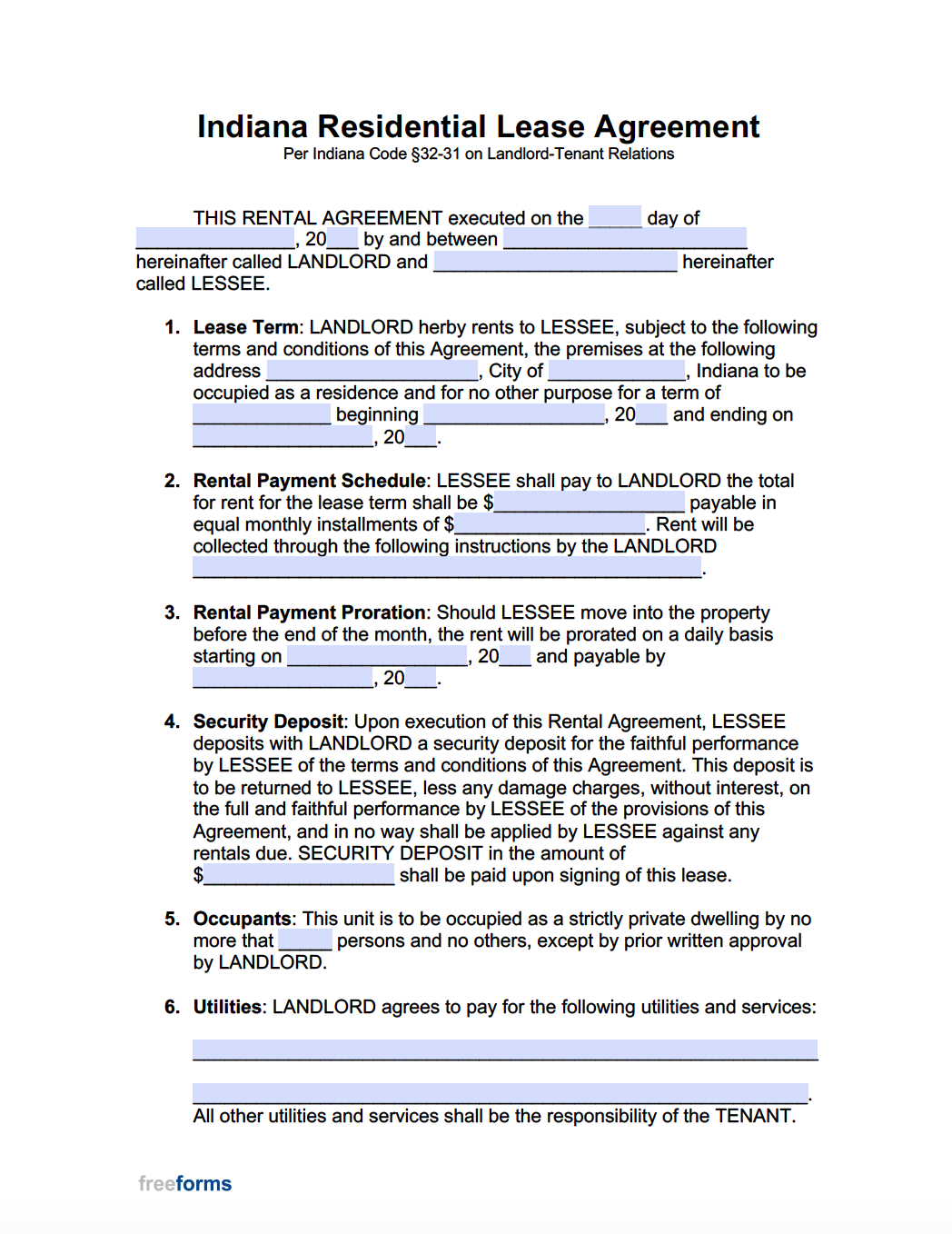 Free Indiana Rental Lease Agreement Templates | Pdf | Word in Free Printable Indiana Lease Agreement